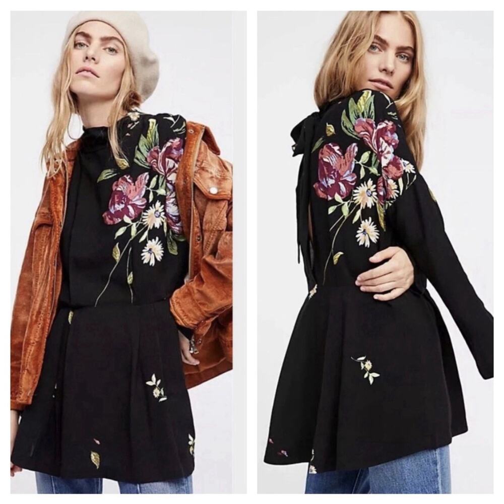 Free People Gemma Black Floral Mini Dress Large Dolman Mock Neck Tunic Fall $108 - Picture 3 of 15
